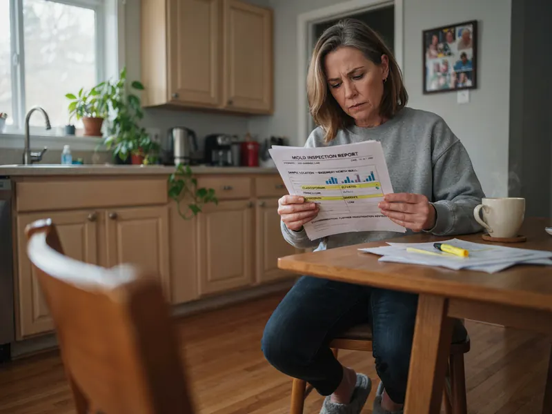 Woman reading a mold inspection report at her kitchen table