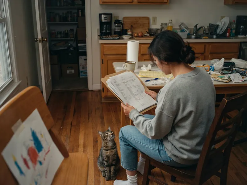 Homeowner at a kitchen table reading through a contractor quote